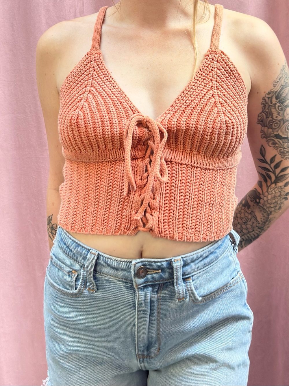 American Eagle Crochet Knit Lace Up Crop Top Coral Small